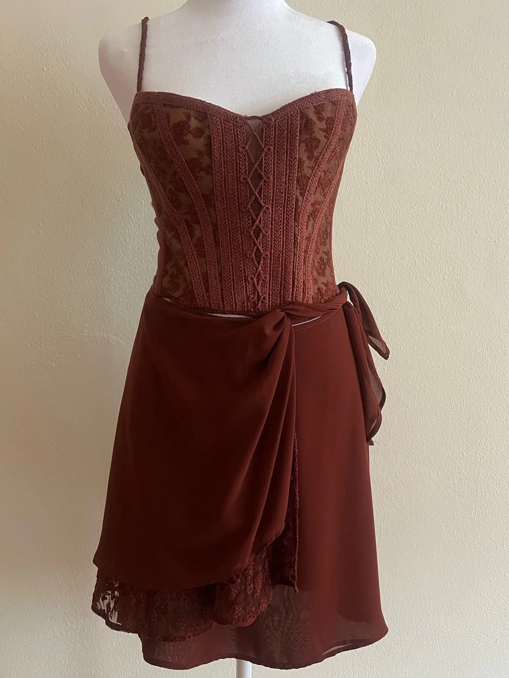 Ritmo di Perla Italy 2PC Set Brown Lace Corset Mini Skirt Size 42 Vintage - Picture 12 of 12